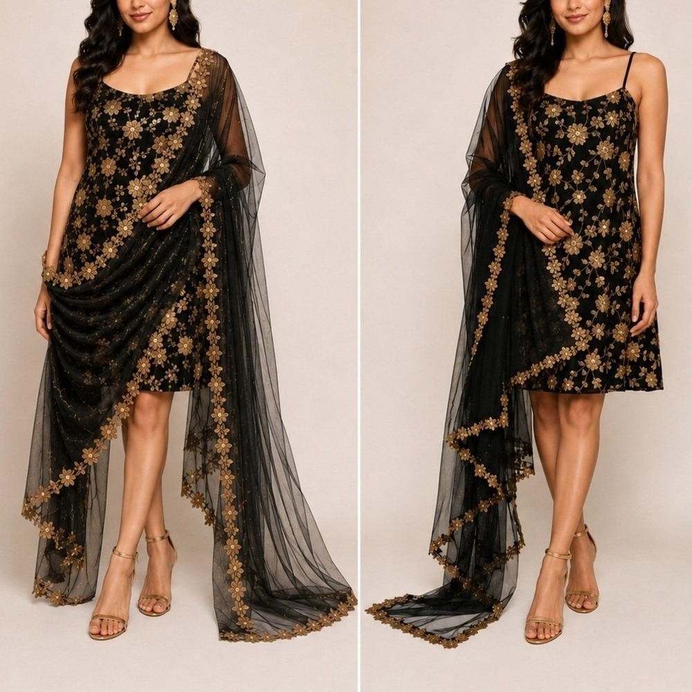 Sani Sequin Floral Mini Dress M Black Gold Sheer Embroidered Dupatta